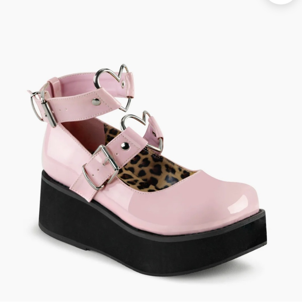 Demonia Size 12 Baby Pink Patent SPRITE-02 Platform Heart Buckle Shoes‎